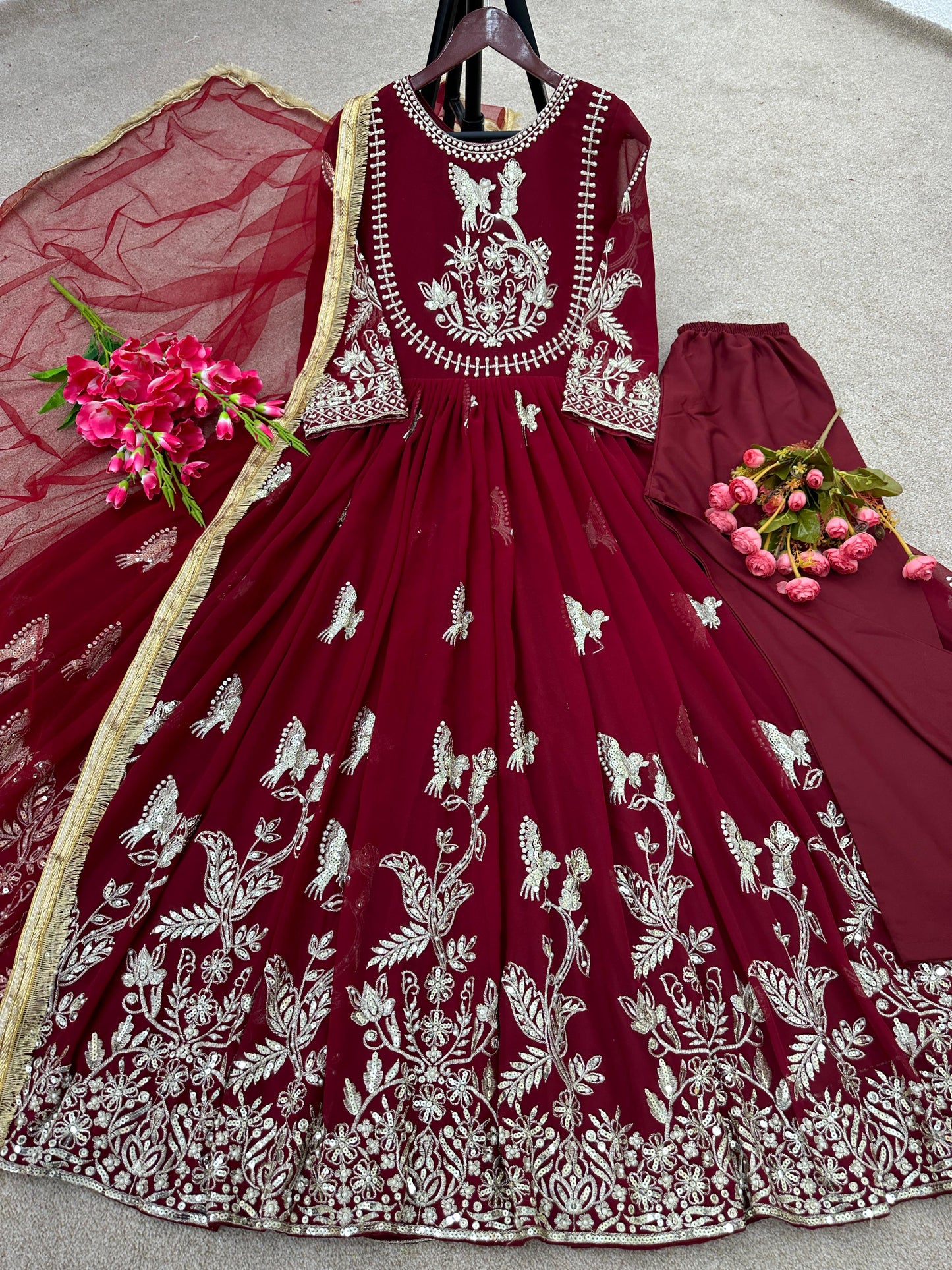 Maroon Anarkali Gown Dupatta Set For Women