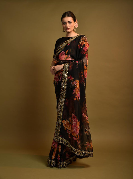Beautiful Flower print with embroidery cut work lace Saree
