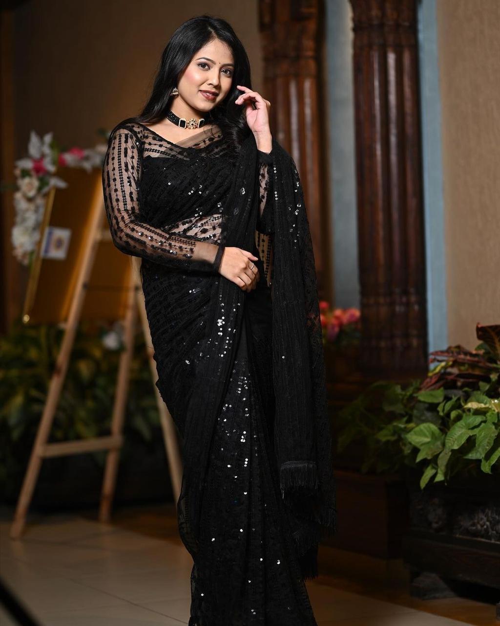 Stunning Black Net Embroidered Saree with Blouse
