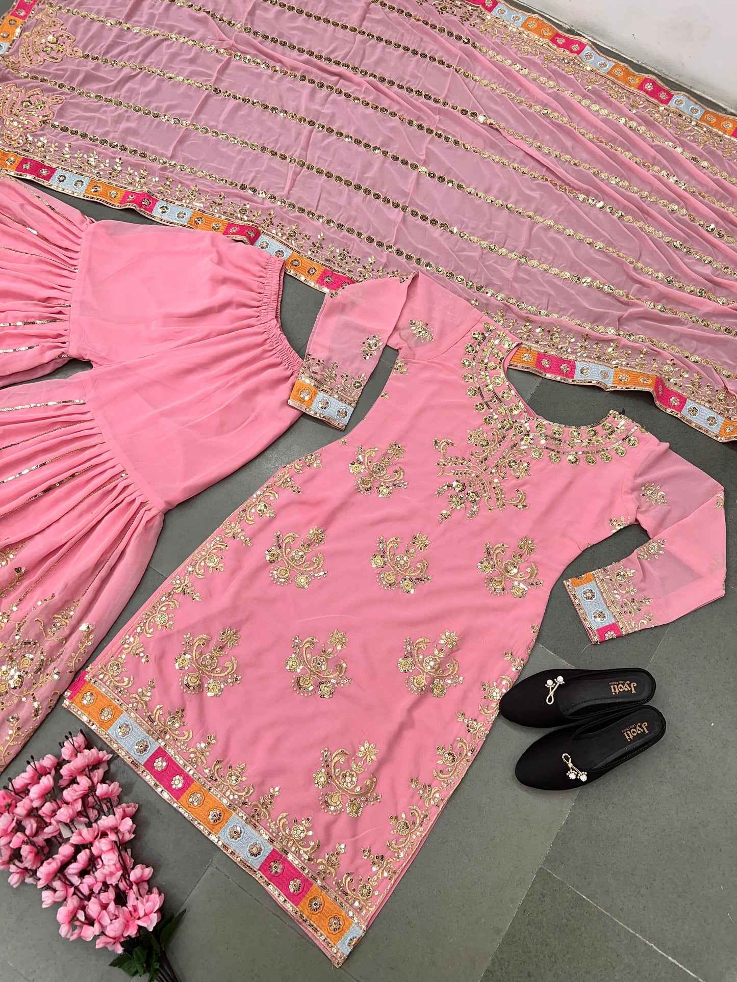 Pink Color Plazzo Sharara salwar suit set