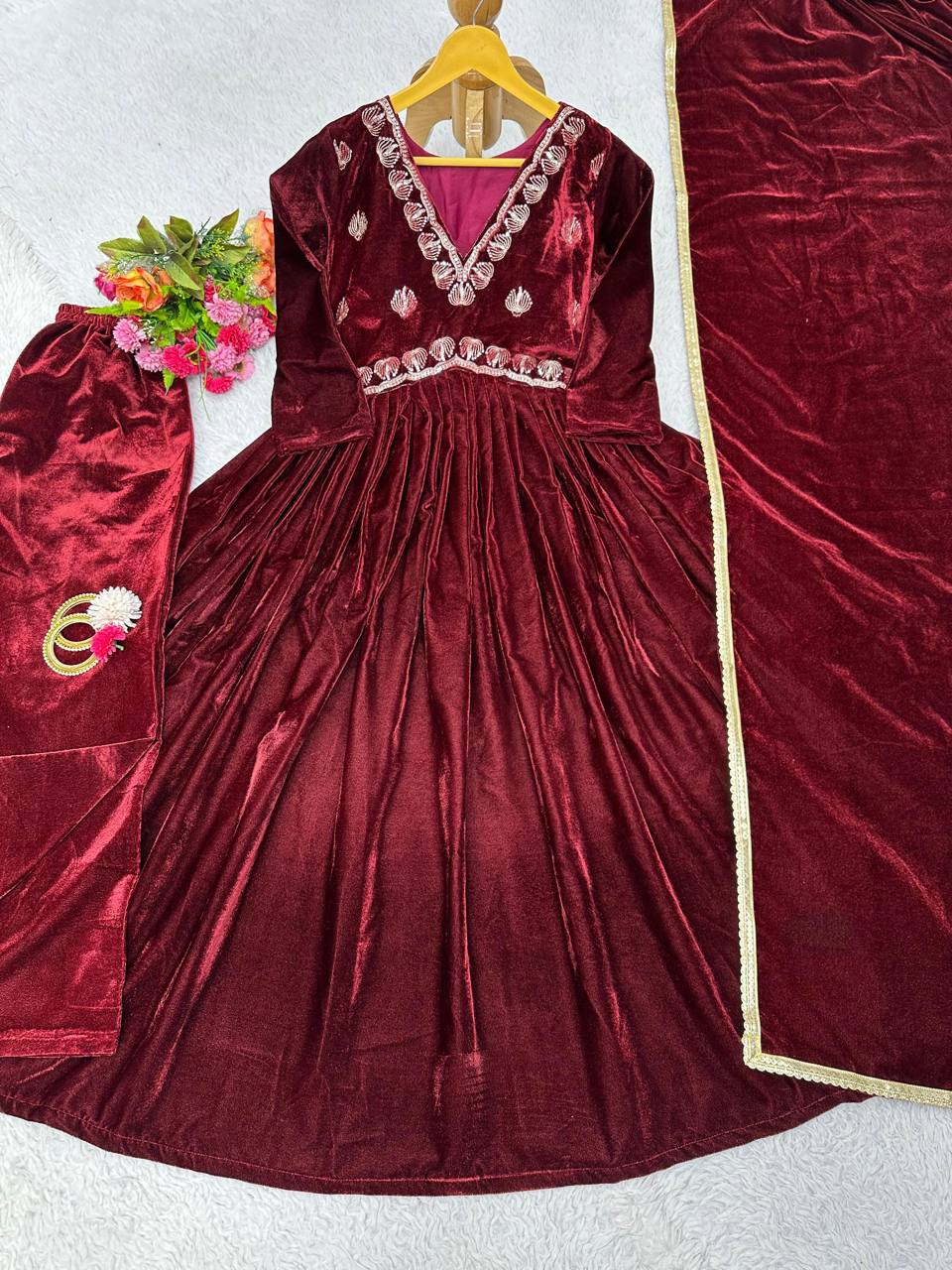 Radiant Maroon Color Ready Made Velvet Salwar Suit For Women