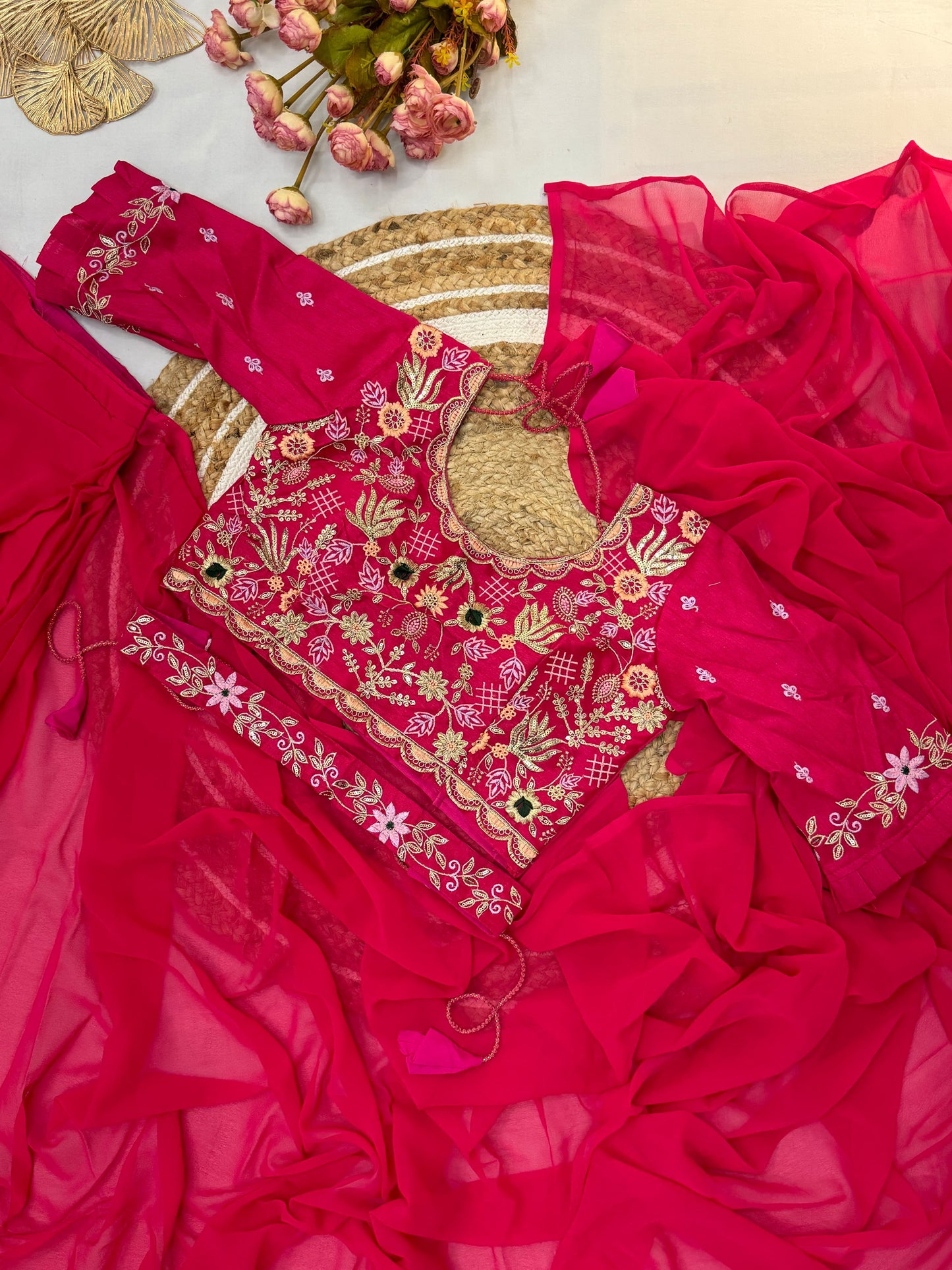 Ready To Wear Party Wear Saree With Full-Stitched Blouse With Embroidery Work