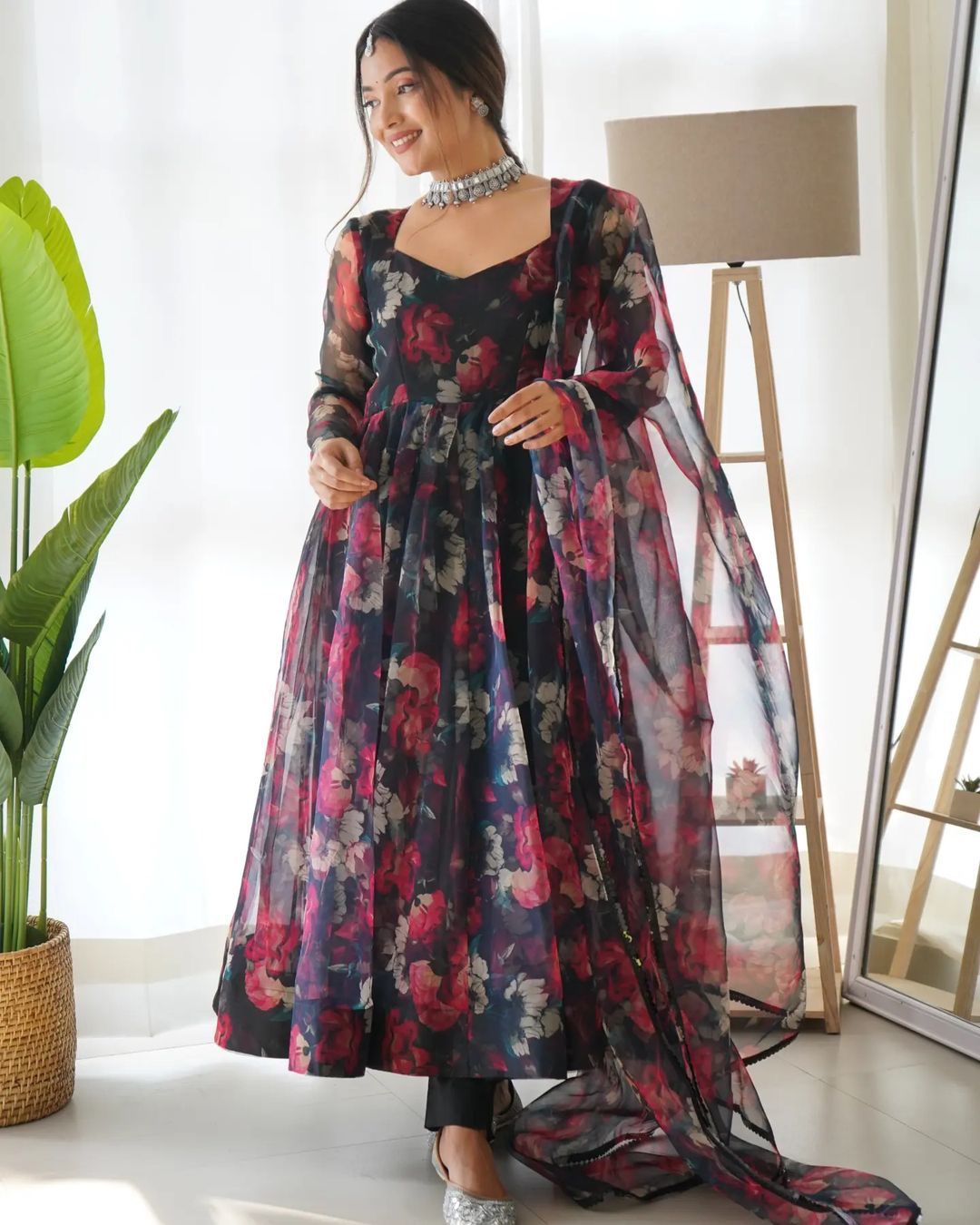 Multi Color Organza Printed Anarkali Suit