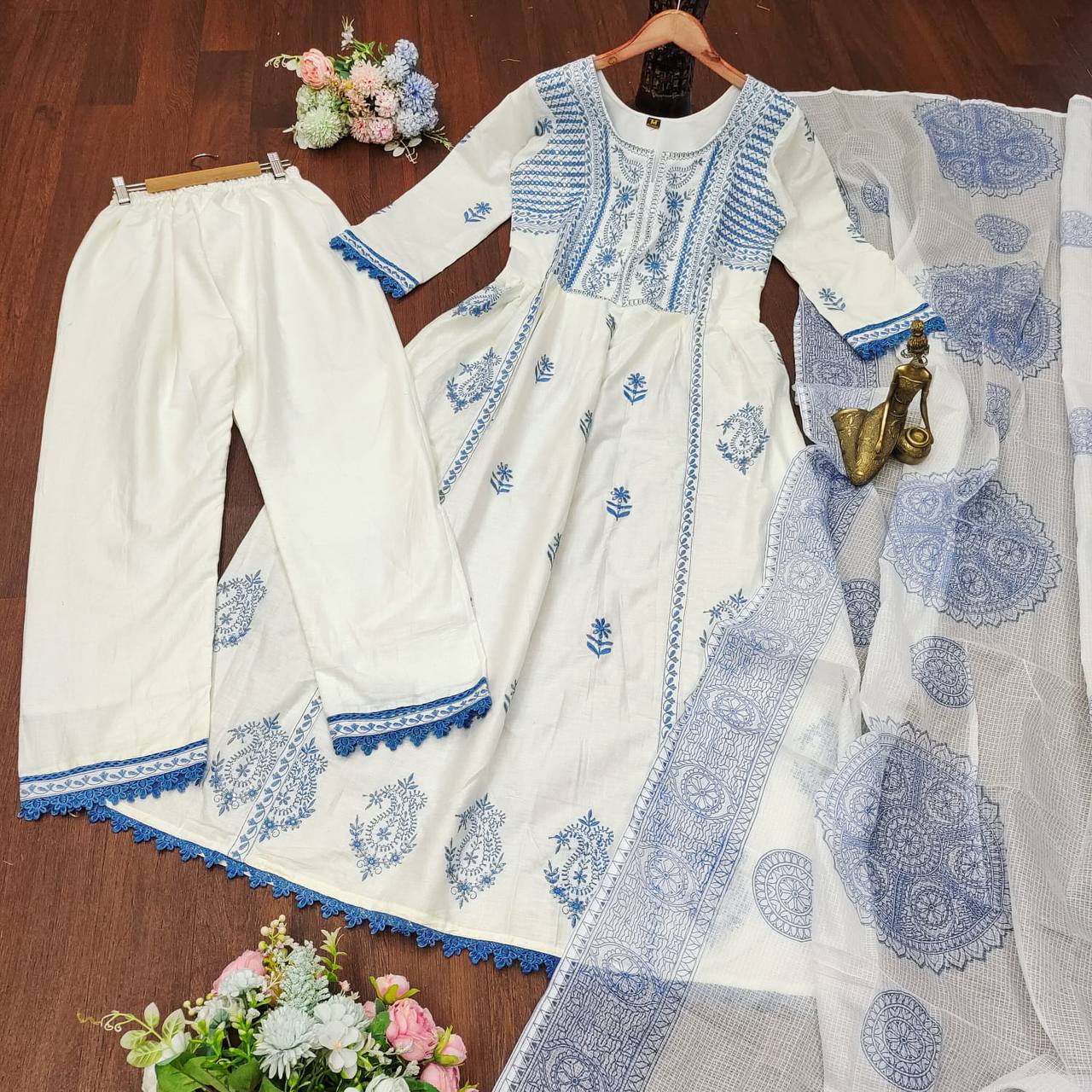 White Color Ready Made Chikankari Embroidered Work Mal Mal Cotton Salwar Suit
