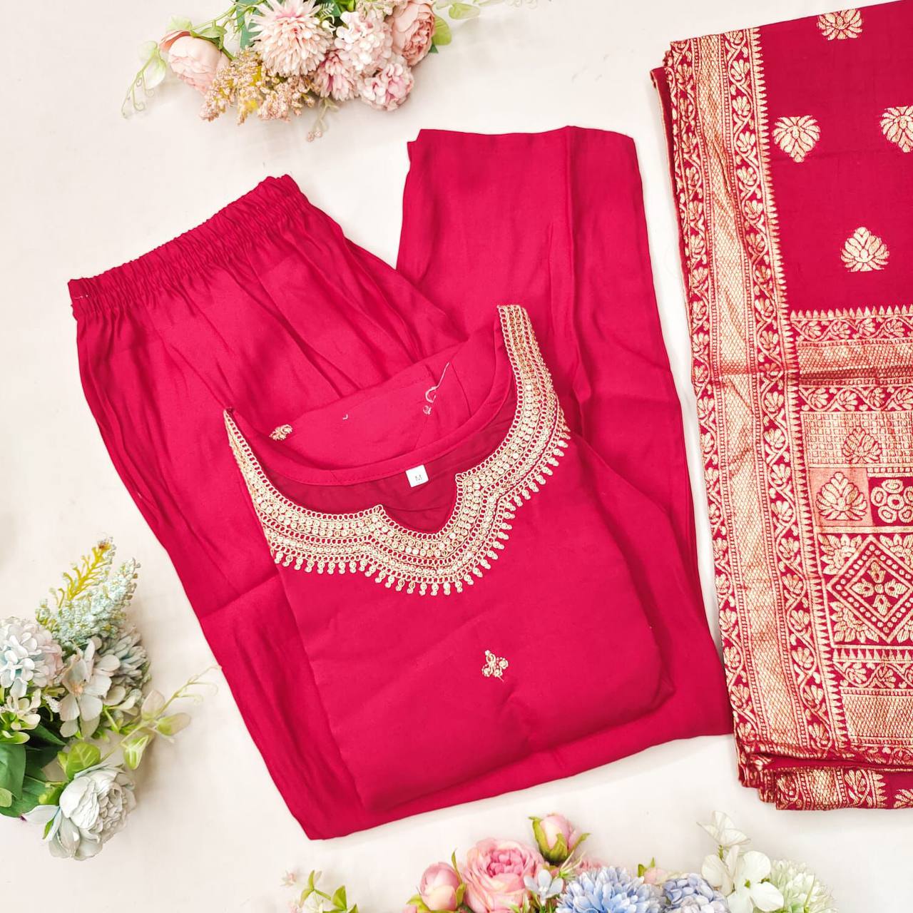 Designer Embroidered Zari Work Ready Made Roman Silk Salwar Suit