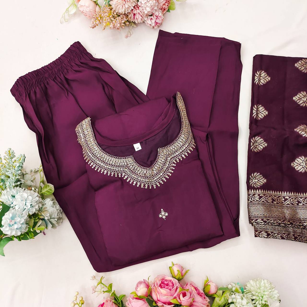 Designer Embroidered Zari Work Ready Made Roman Silk Salwar Suit