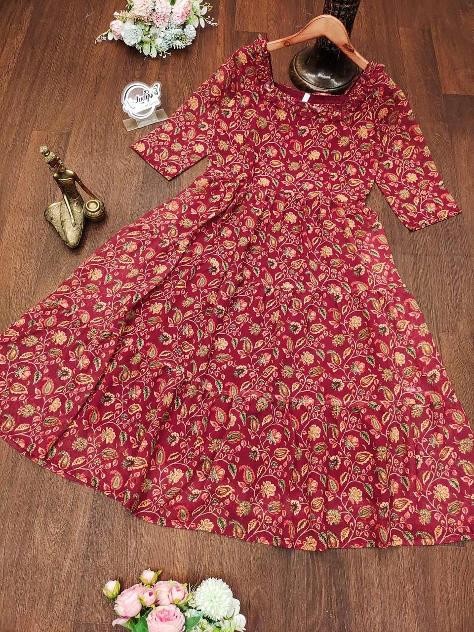 Latest Maroon Color Printed Georgette Ready Made Gown