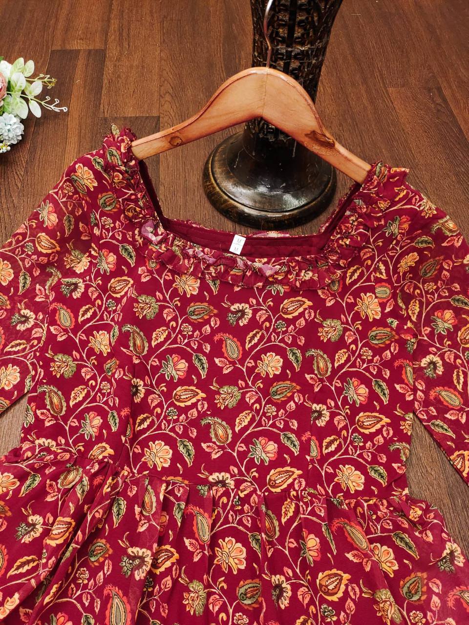 Latest Maroon Color Printed Georgette Ready Made Gown