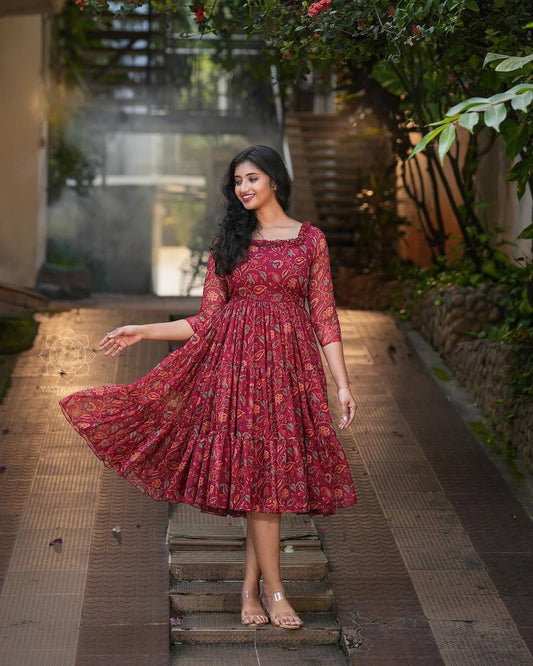 Latest Maroon Color Printed Georgette Ready Made Gown