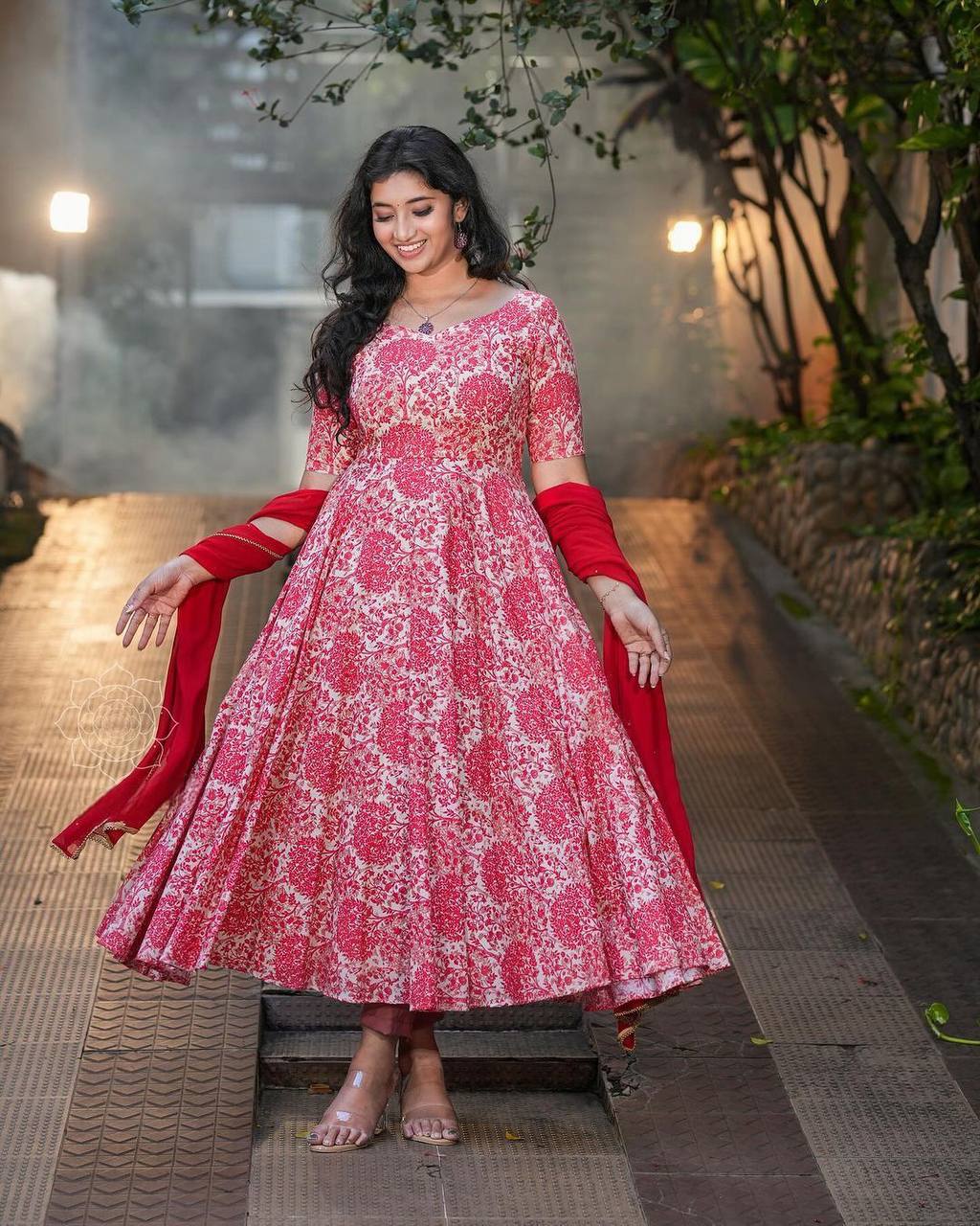 Dazzling Red Color Flower Printed Ready Made Georgette Gown Duapatta