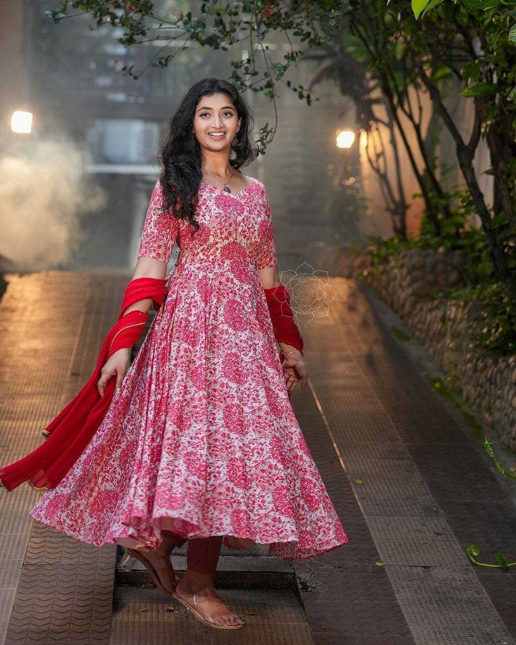 Dazzling Red Color Flower Printed Ready Made Georgette Gown Duapatta