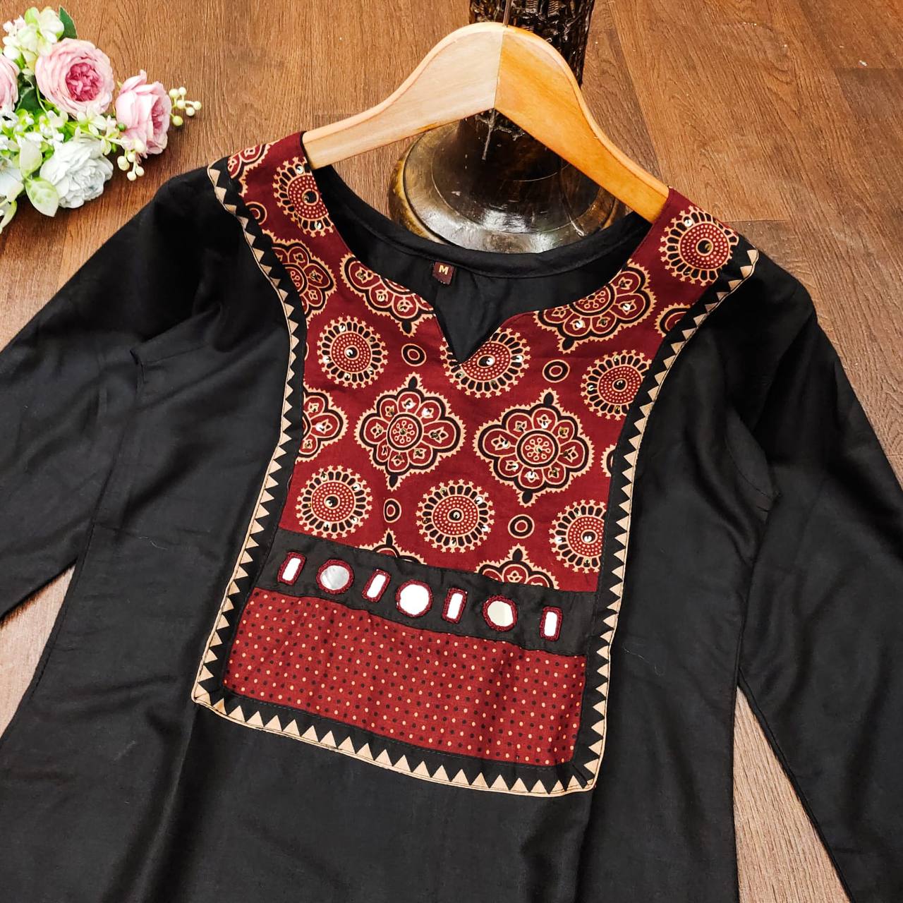 Demanding Black Color Mirror Printed Work Rayon Plazo Kurti