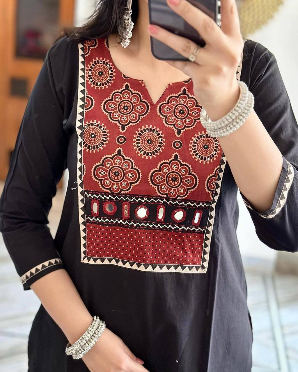 Demanding Black Color Mirror Printed Work Rayon Plazo Kurti