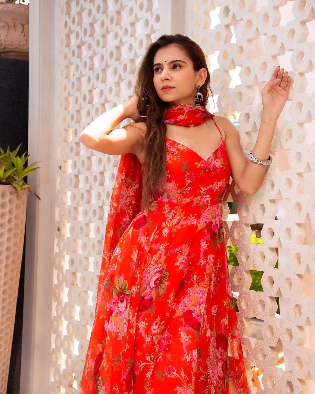 Demanding Red Color Georgette Flower Printed Salwar Suit