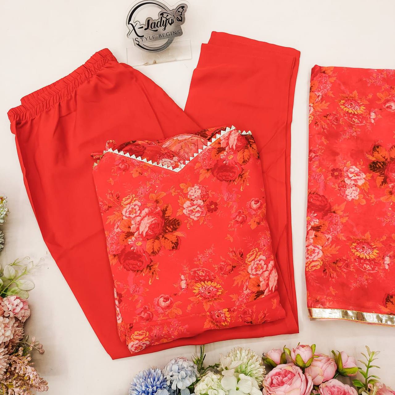 Demanding Red Color Georgette Flower Printed Salwar Suit
