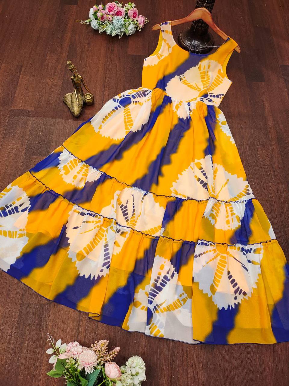 Wonderful Yellow Color Digital Printed Georgette Gown