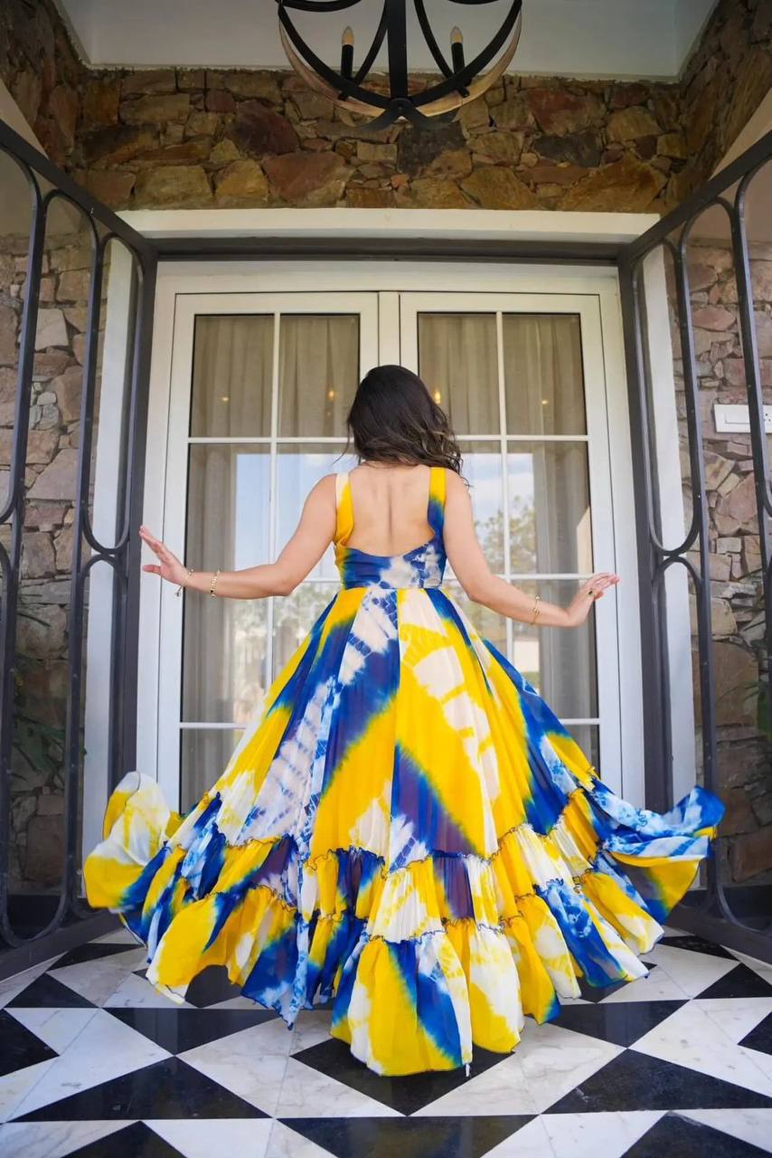 Wonderful Yellow Color Digital Printed Georgette Gown