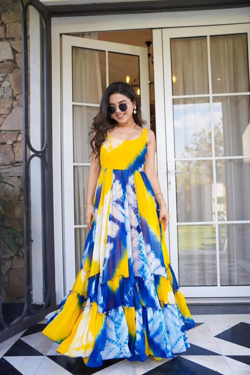 Wonderful Yellow Color Digital Printed Georgette Gown