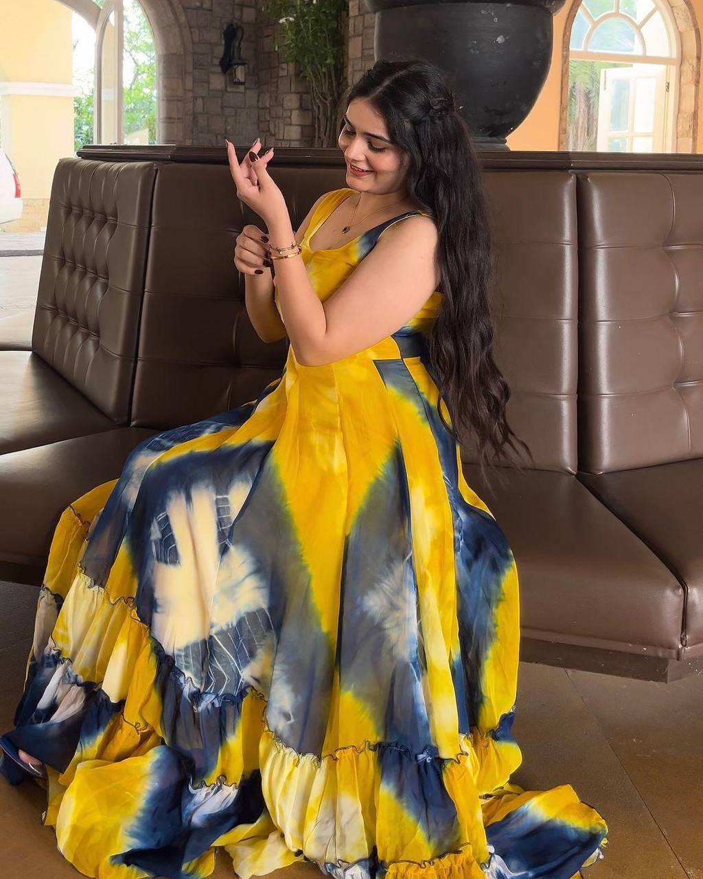 Wonderful Yellow Color Digital Printed Georgette Gown