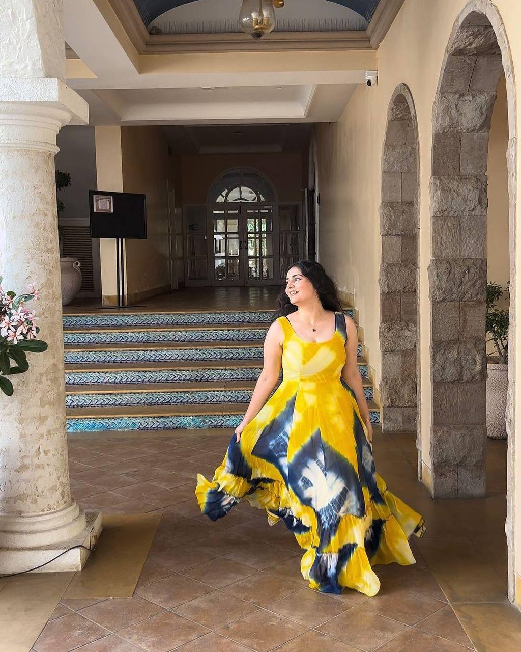 Wonderful Yellow Color Digital Printed Georgette Gown