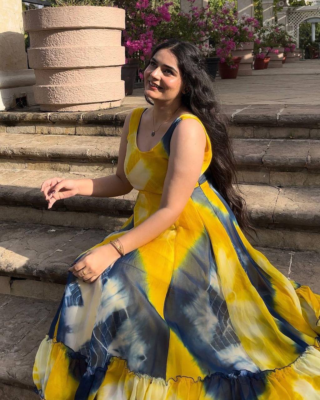 Wonderful Yellow Color Digital Printed Georgette Gown