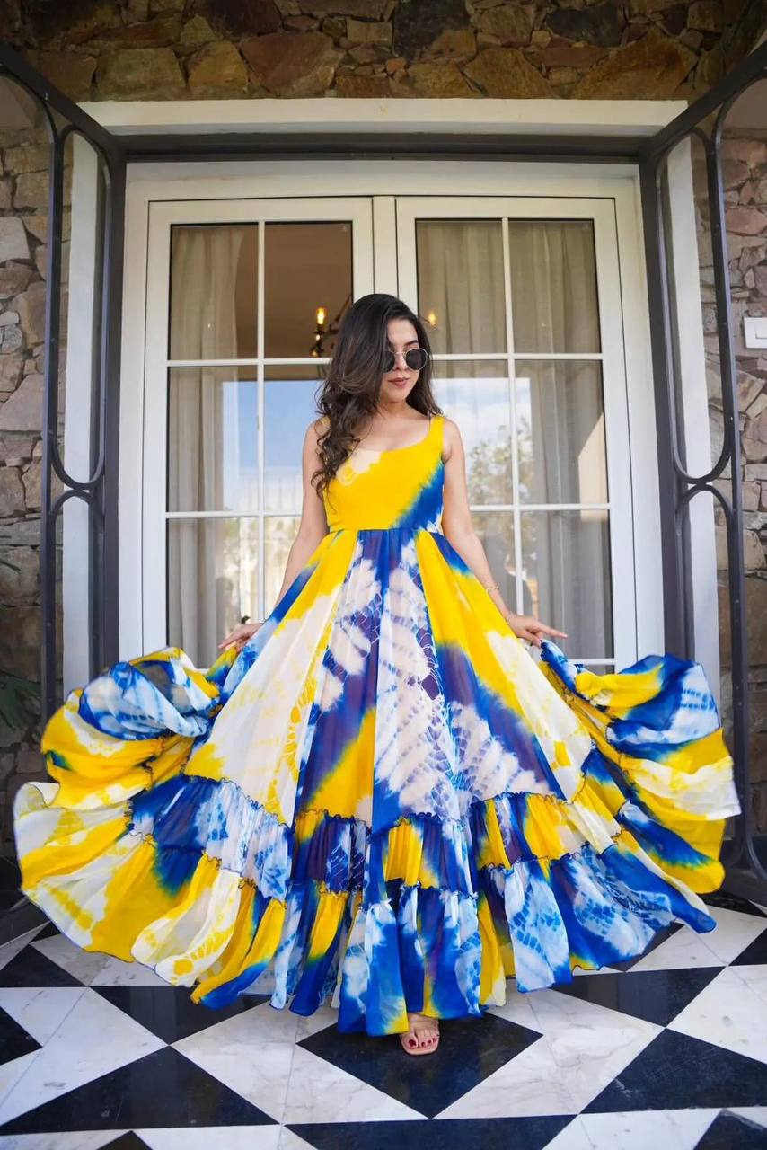 Wonderful Yellow Color Digital Printed Georgette Gown