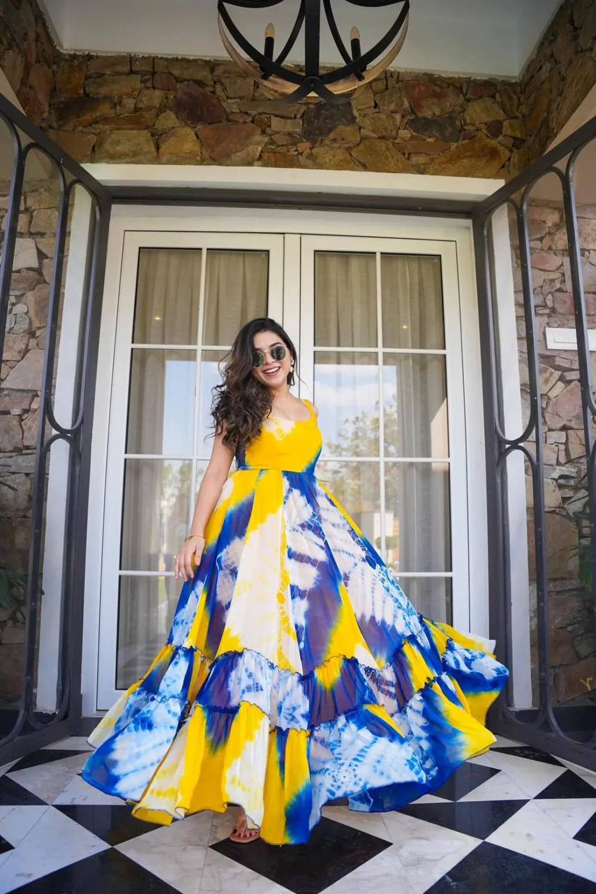 Wonderful Yellow Color Digital Printed Georgette Gown