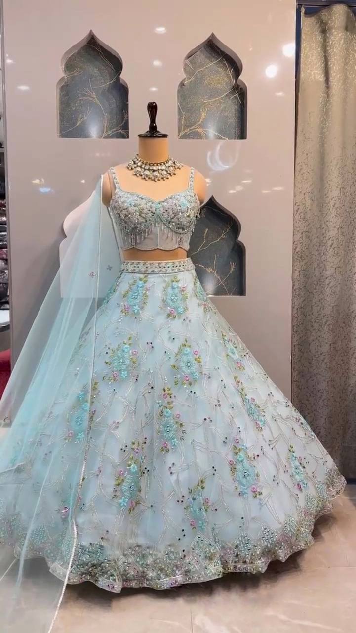 Organza Silk Embroidered Sequence Work 3.5 Meter Wedding Wear Lehenga Choli