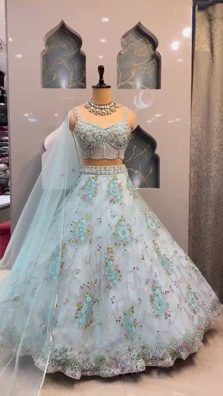 Organza Silk Embroidered Sequence Work 3.5 Meter Wedding Wear Lehenga Choli