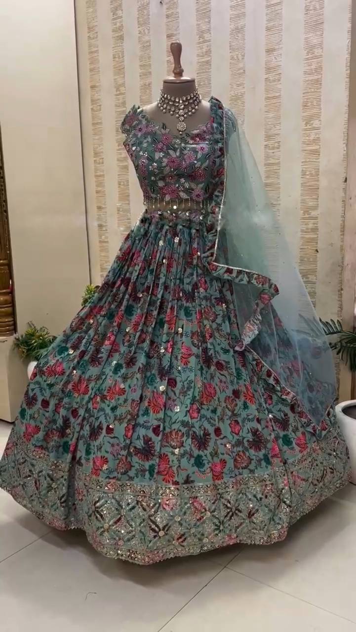 Aqua Blue Color Sequence Embroidered Work Georgette Wedding Wear Lehenga Choli