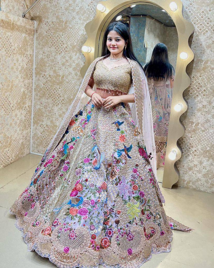 Designer Cream Color Embroidered Sequence Work Satin Silk Lehenga Choli