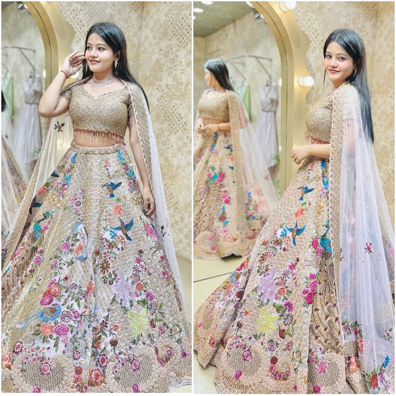 Designer Cream Color Embroidered Sequence Work Satin Silk Lehenga Choli