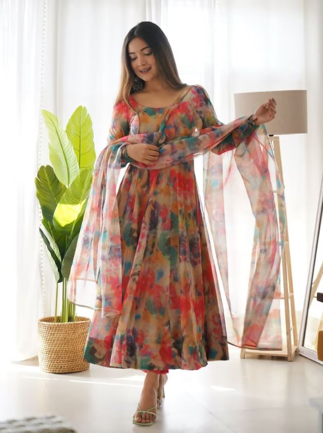 Beautiful Multi Colour Organza Casual Anarkali Suit