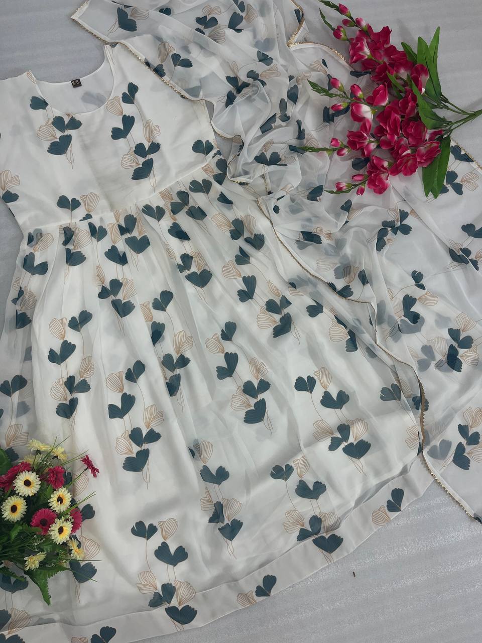 White Designer Anarkali For Women, Floral Anarkali Dress
