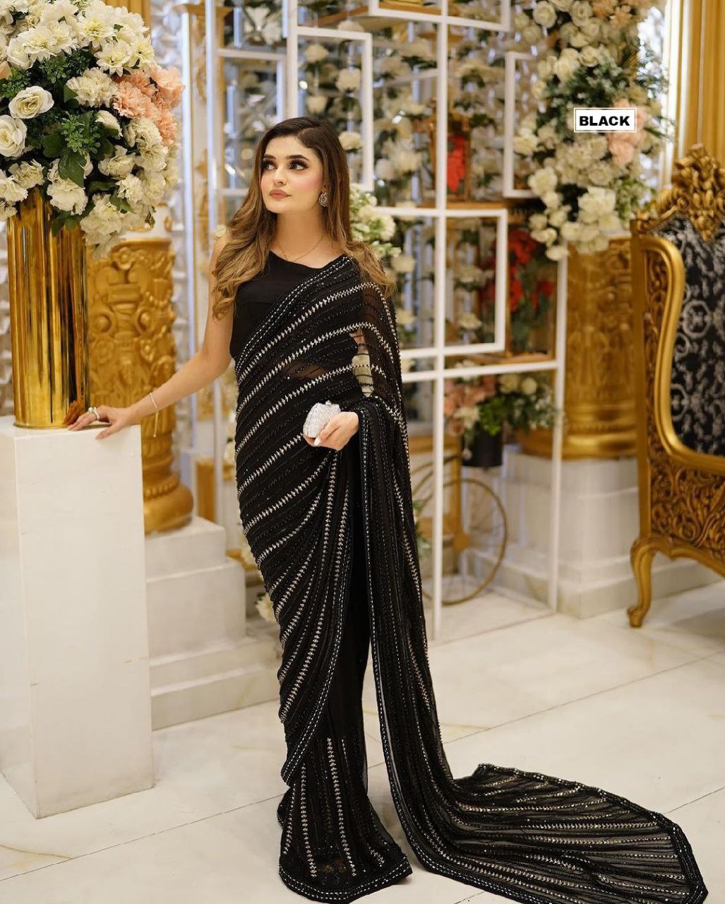 Stunning Black Georgette Saree With Thread And Sequence Work