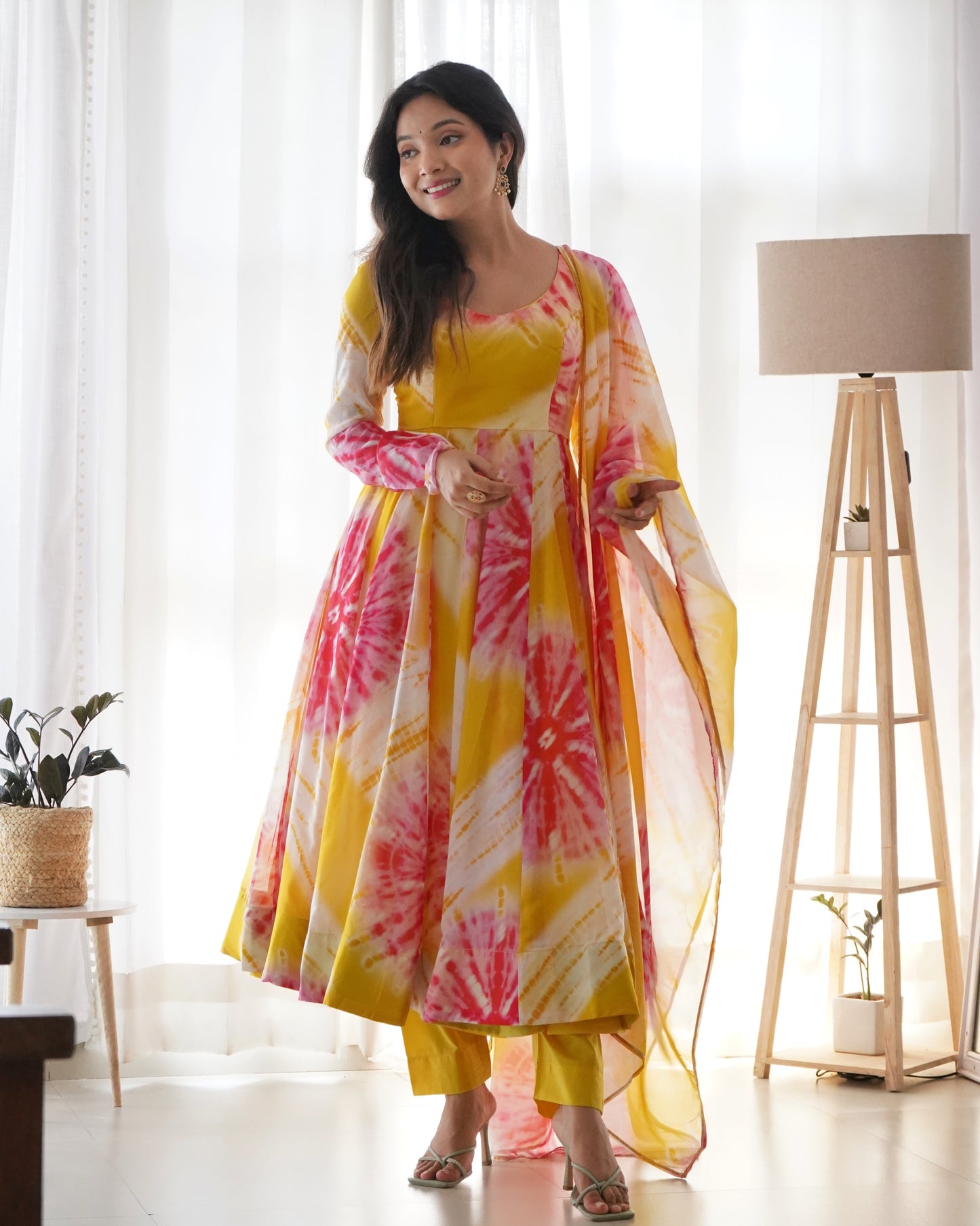 Soft Organja Silk Fabric Fully Flair Kali Pattern And Canvas Patta With Duppta Set