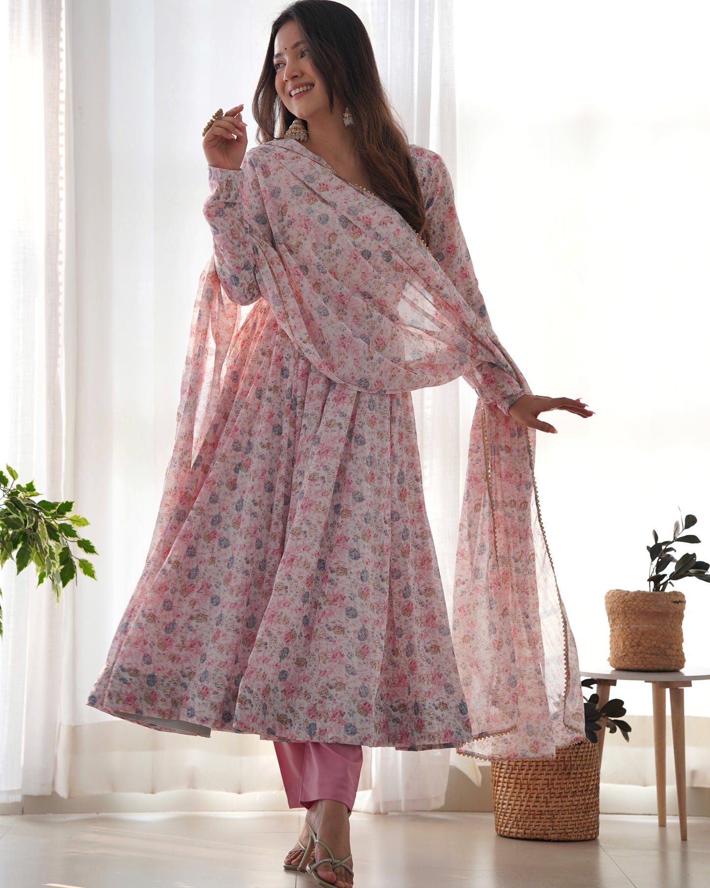 Party Wear Chiffon Organza Floral Printed Ready Made Suit