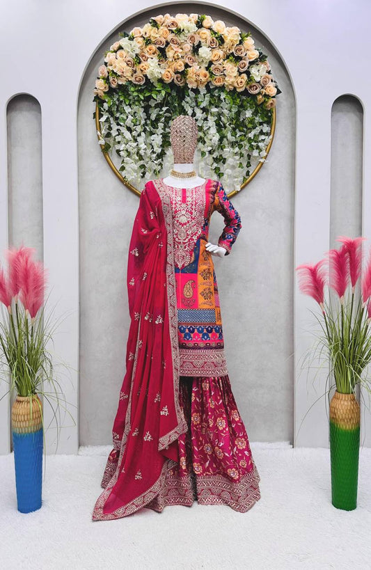 Pretty Pink Color Sequence Thread Work Crape Silk Sharara Suit
