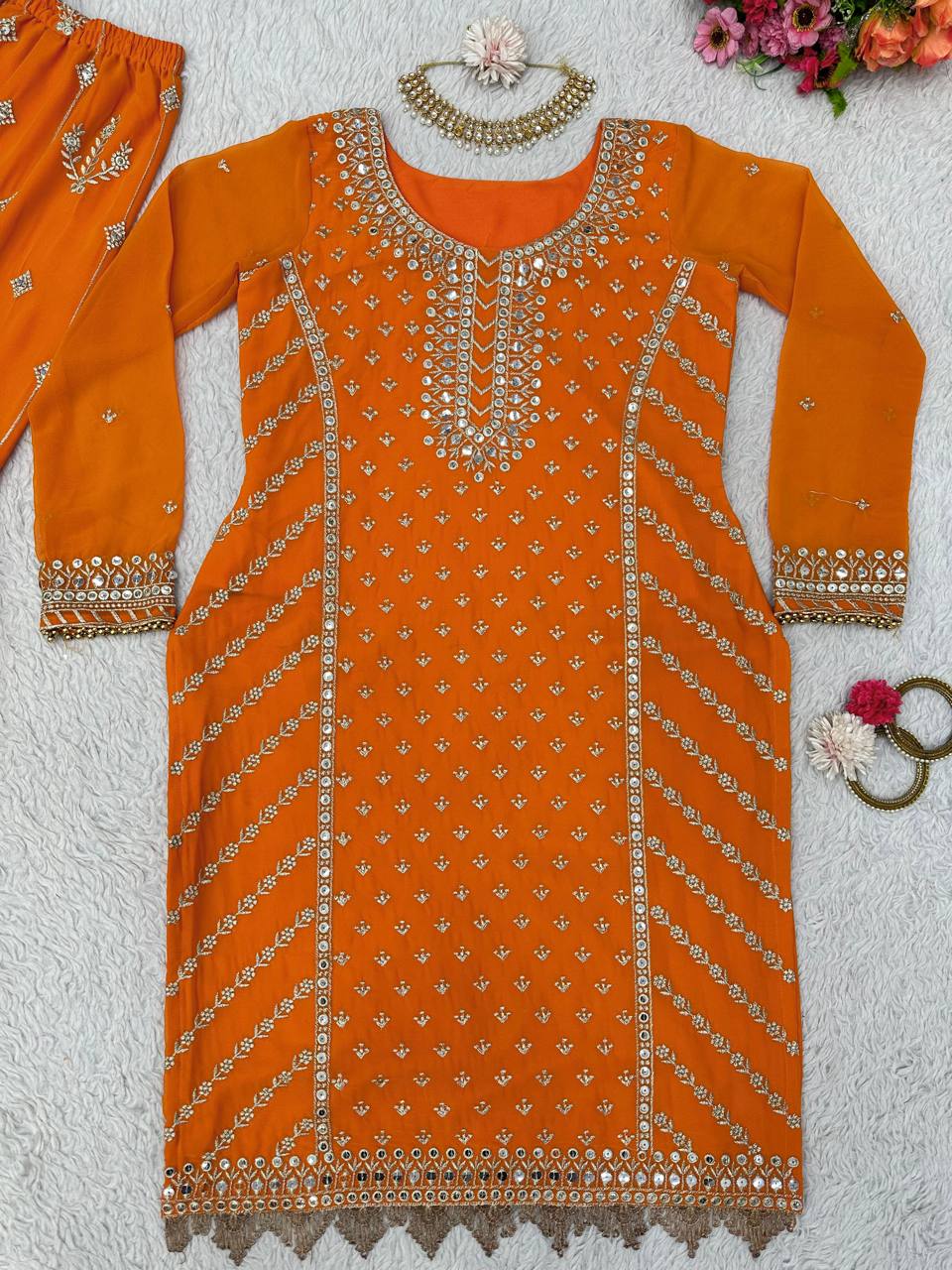 Magnetic Orange Color Sequence Thread Work Georgette Sharara Salwar Suit