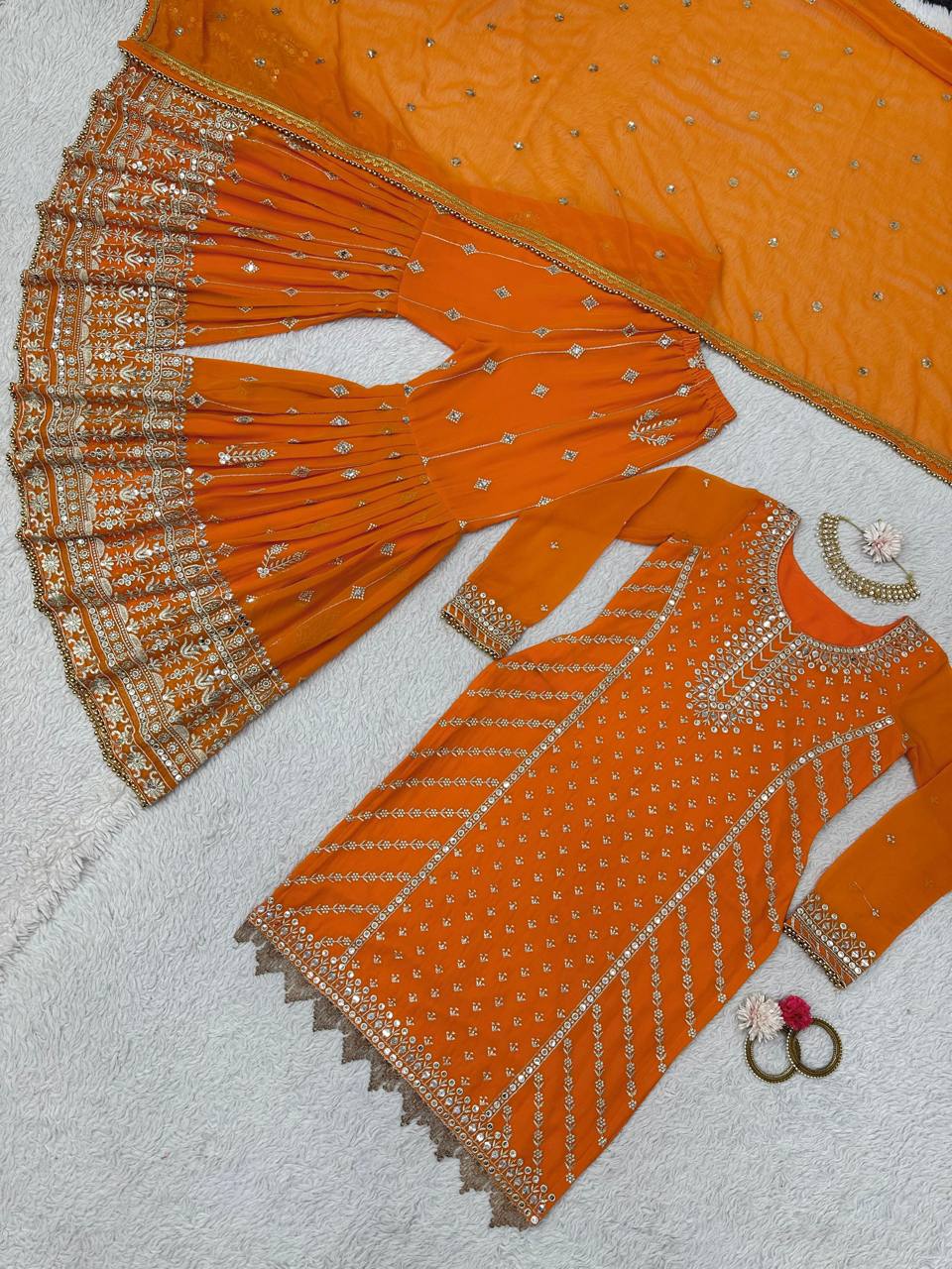 Magnetic Orange Color Sequence Thread Work Georgette Sharara Salwar Suit