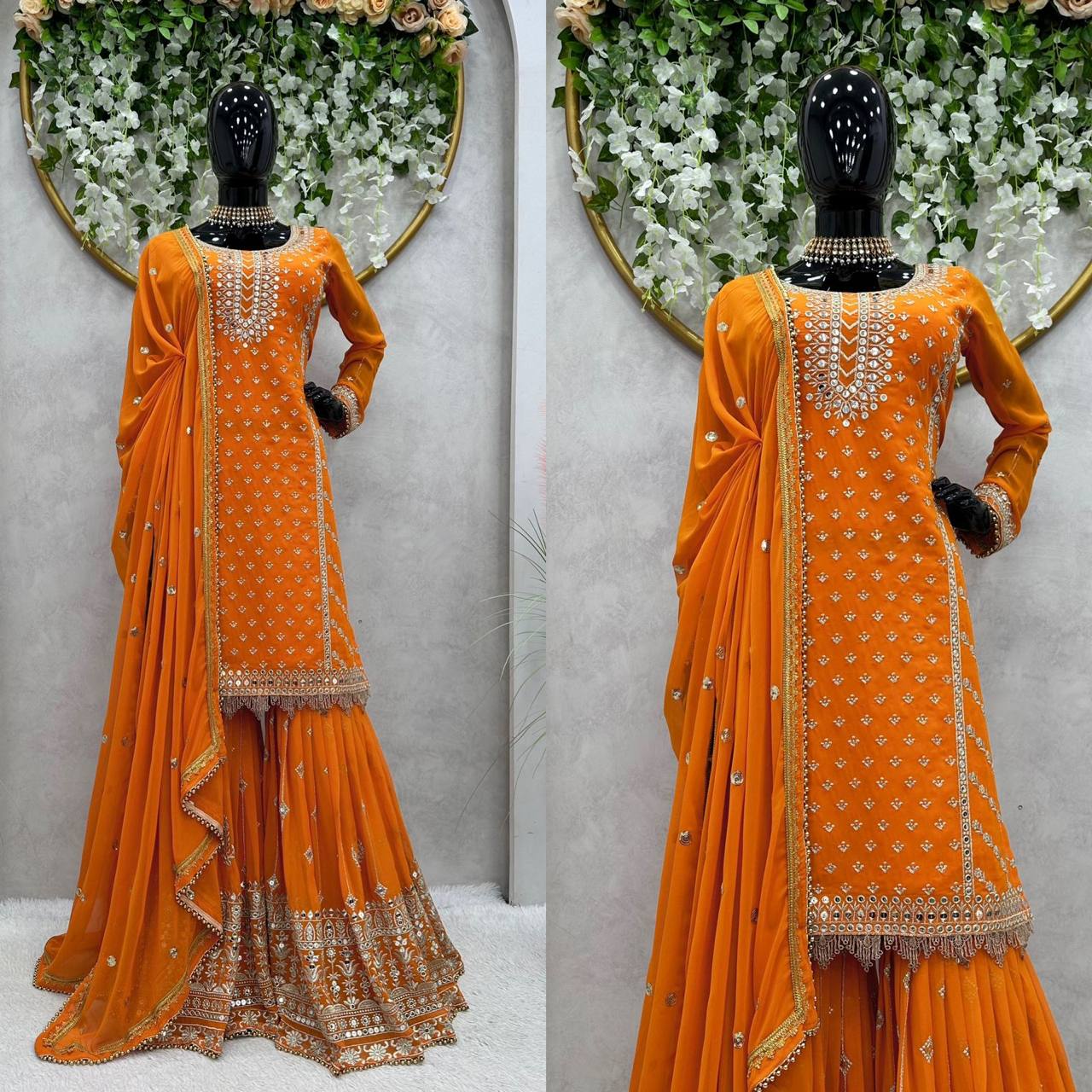 Magnetic Orange Color Sequence Thread Work Georgette Sharara Salwar Suit