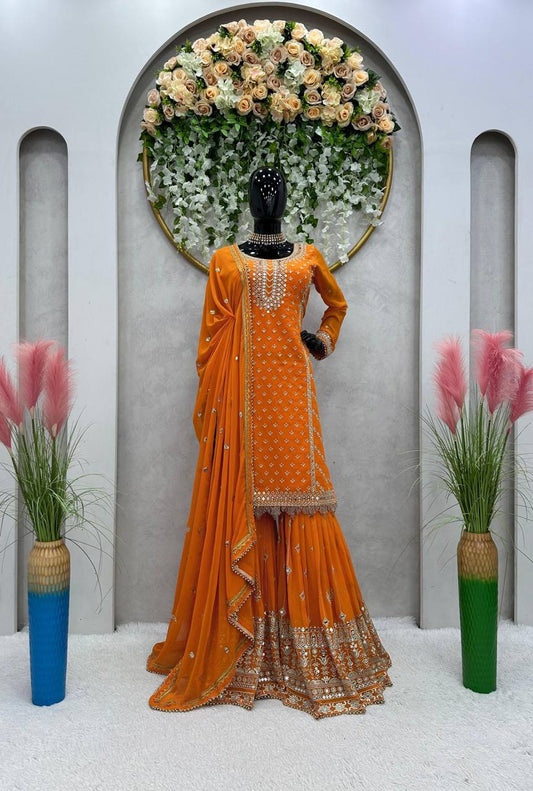 Magnetic Orange Color Sequence Thread Work Georgette Sharara Salwar Suit