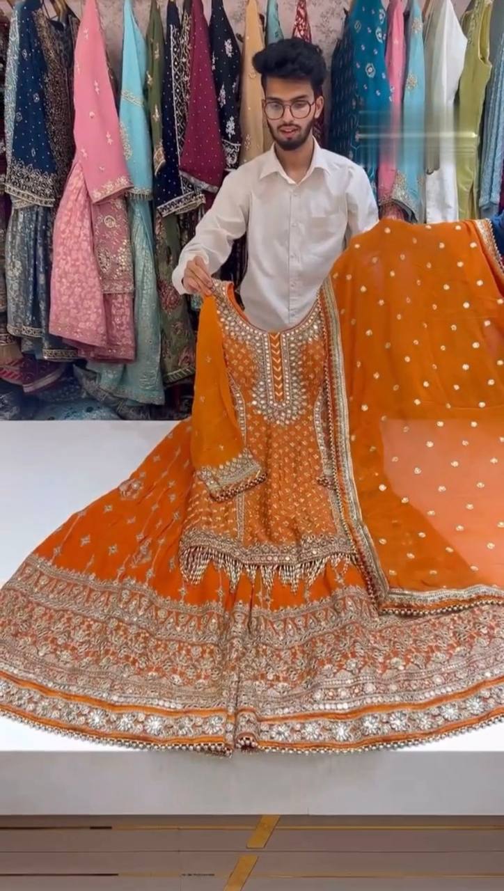 Magnetic Orange Color Sequence Thread Work Georgette Sharara Salwar Suit