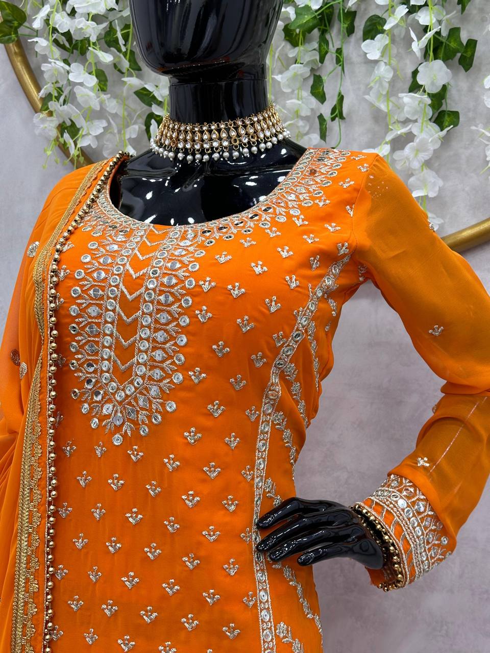 Magnetic Orange Color Sequence Thread Work Georgette Sharara Salwar Suit