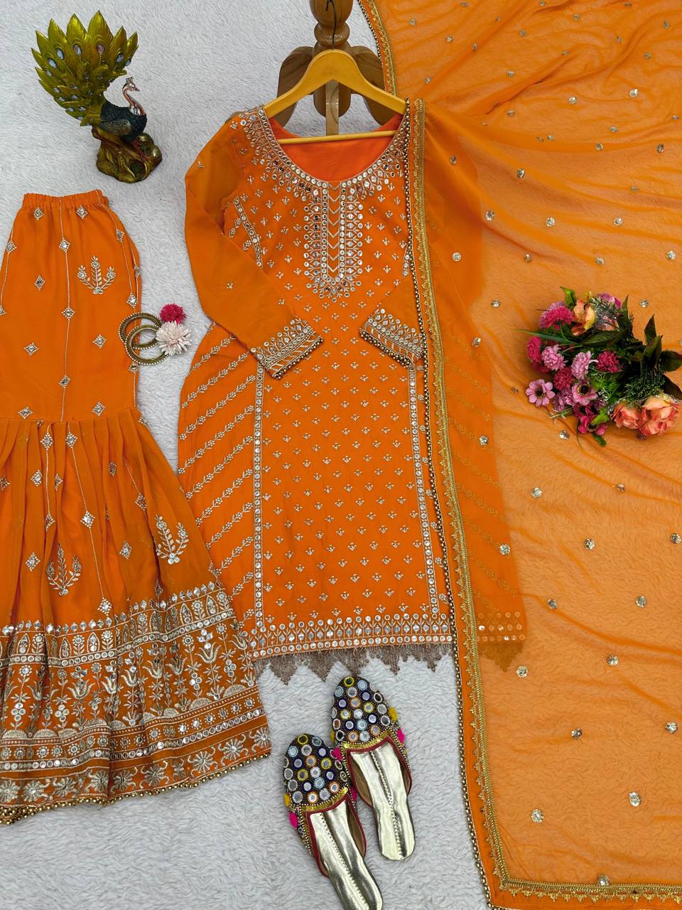 Magnetic Orange Color Sequence Thread Work Georgette Sharara Salwar Suit