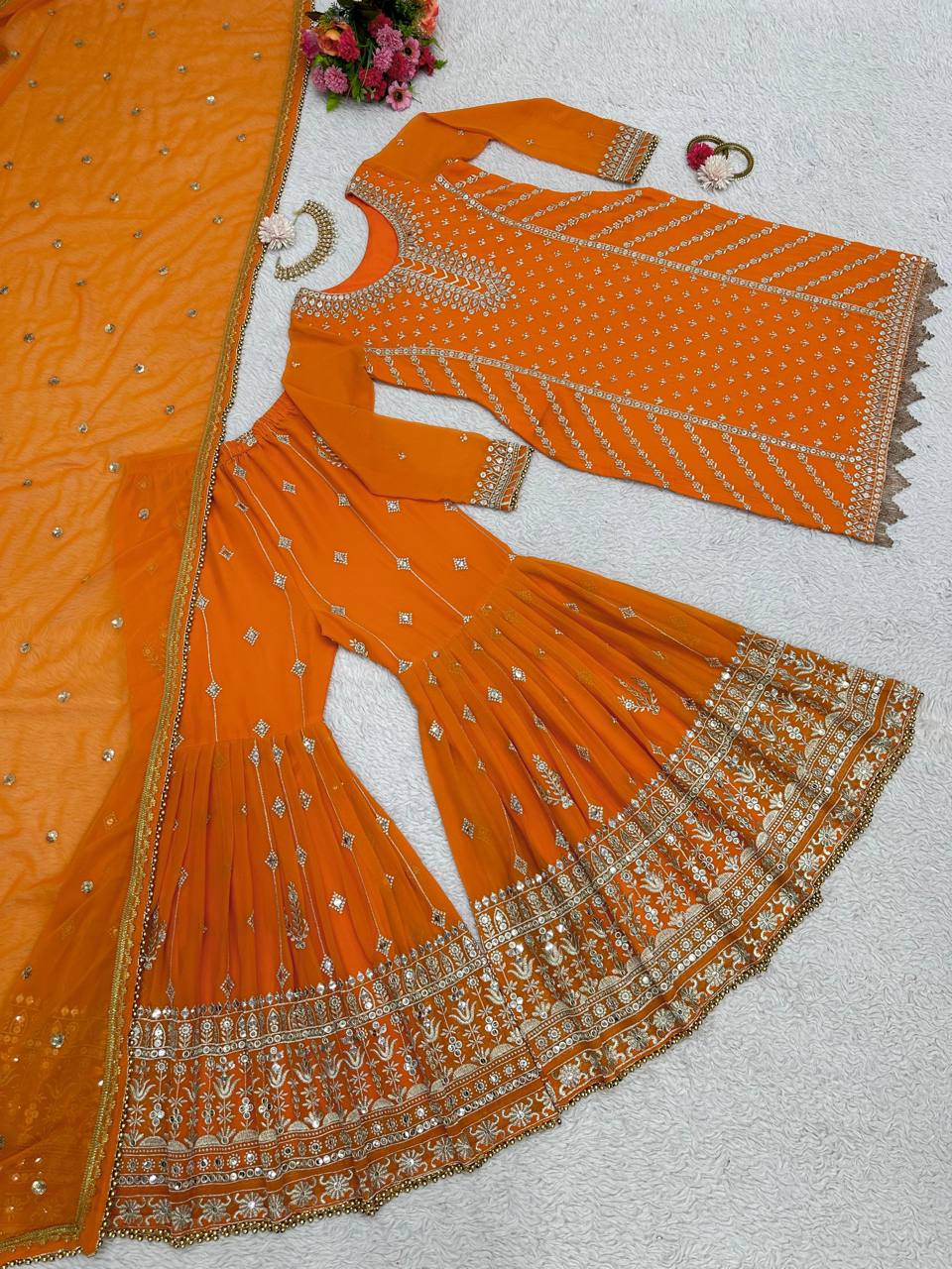 Magnetic Orange Color Sequence Thread Work Georgette Sharara Salwar Suit