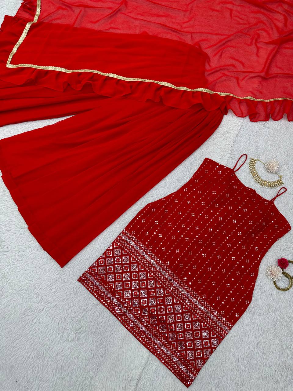 Party Wear Red Color Sequence Thread Work Georgette Salwar Suit