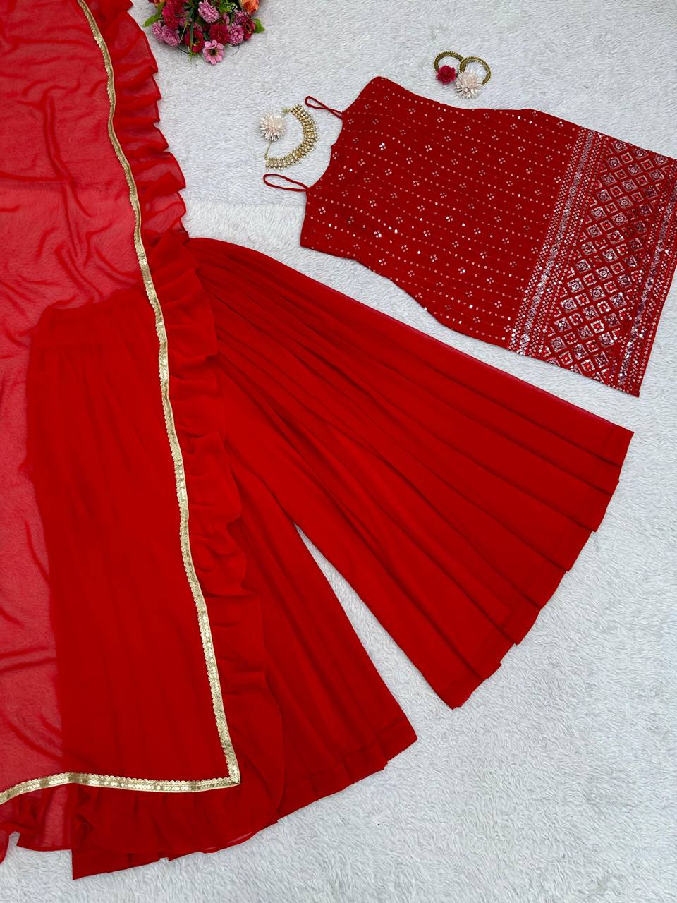 Party Wear Red Color Sequence Thread Work Georgette Salwar Suit