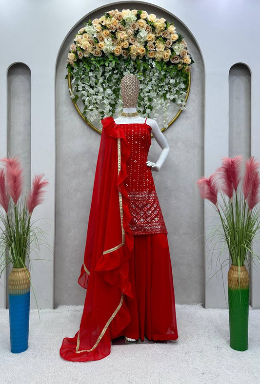 Party Wear Red Color Sequence Thread Work Georgette Salwar Suit
