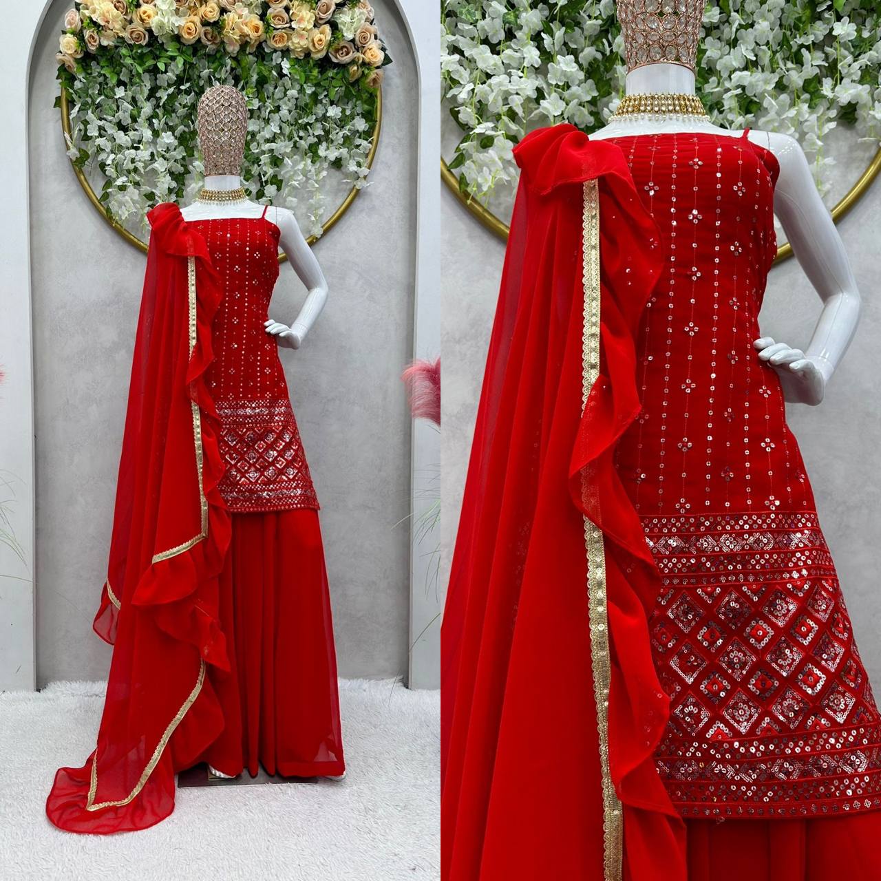 Party Wear Red Color Sequence Thread Work Georgette Salwar Suit